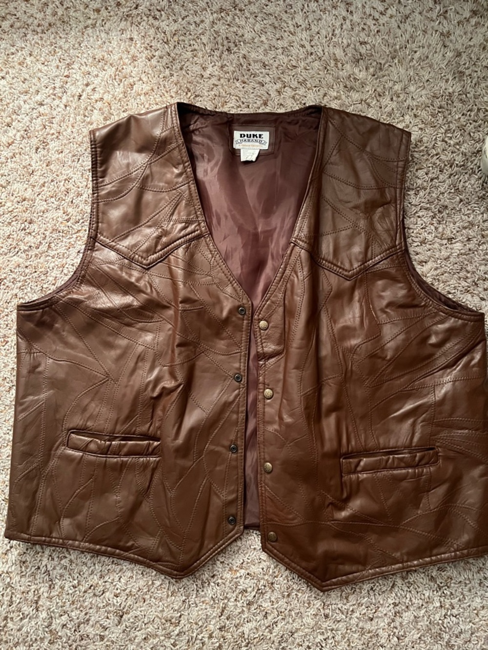 vintage brown soft leather patchwork vest from Duke Haban size 3XL